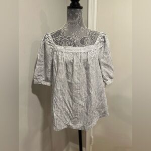LOFT Sz: L Jacquard Puff Sleeve Square Neck Top Linen Blend Cross Repeat Pattern